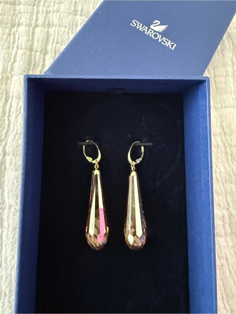 Swarovski Long Iridescent Teardrop Earrings with Gold Hooks